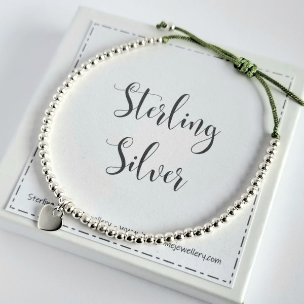 Dainty silver bracelet with heart charm, adjustable with colour choice