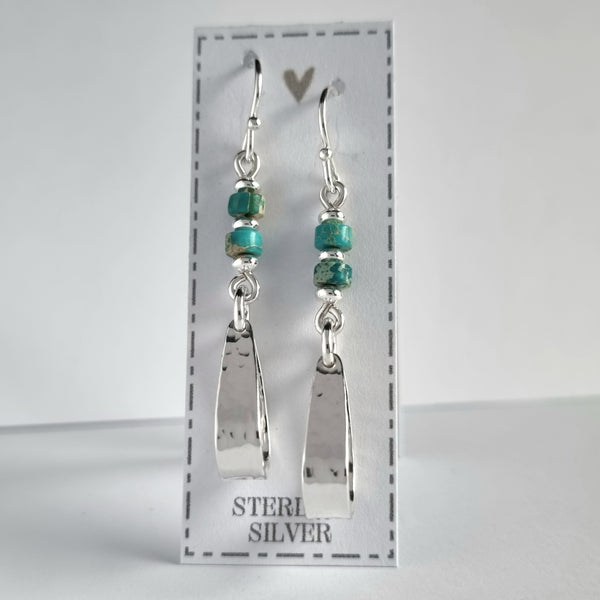 Hammered silver earrings with jasper beads, tribal boho style