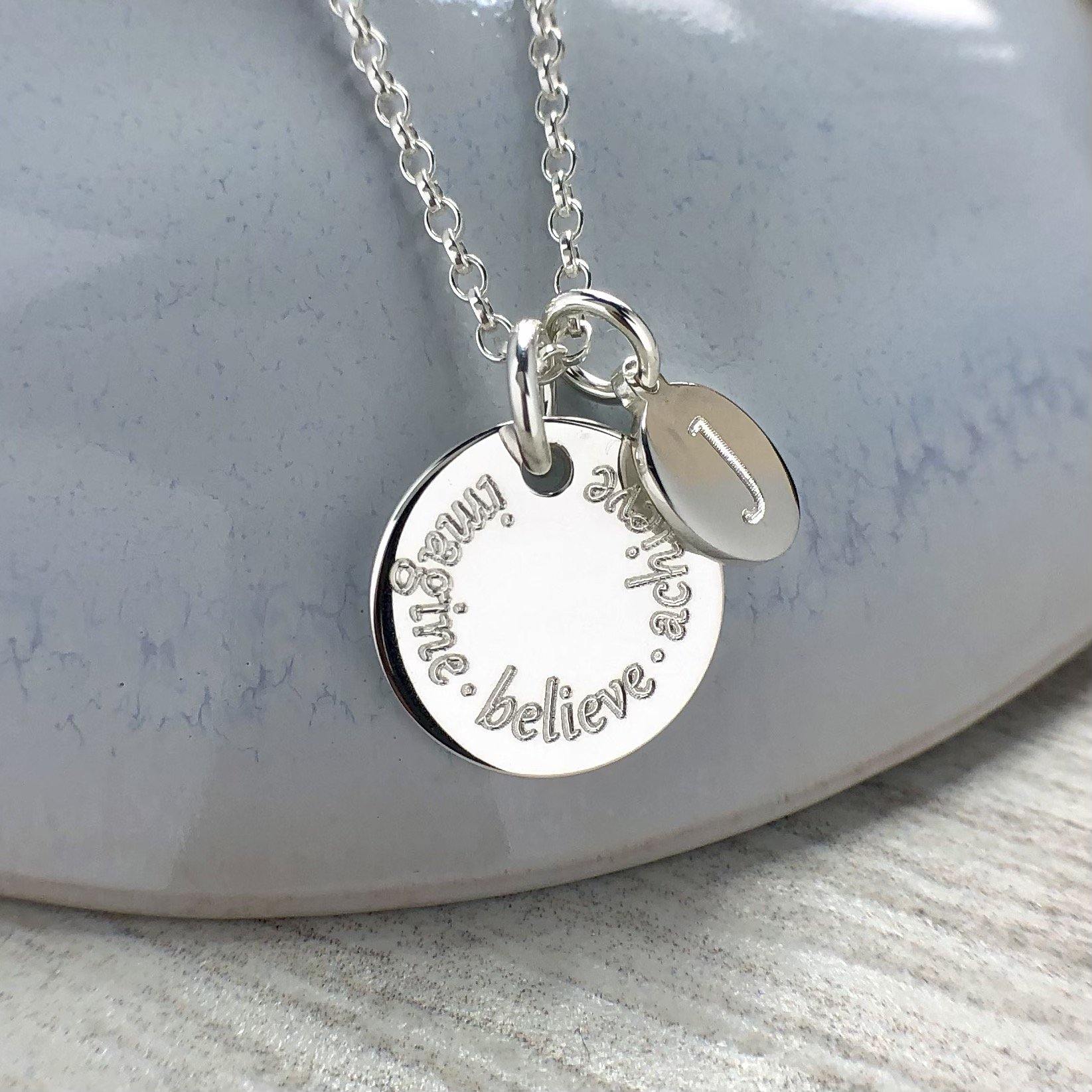 Engraved necklace, sterling silver, any names or words up to 25 letters plus initial charm