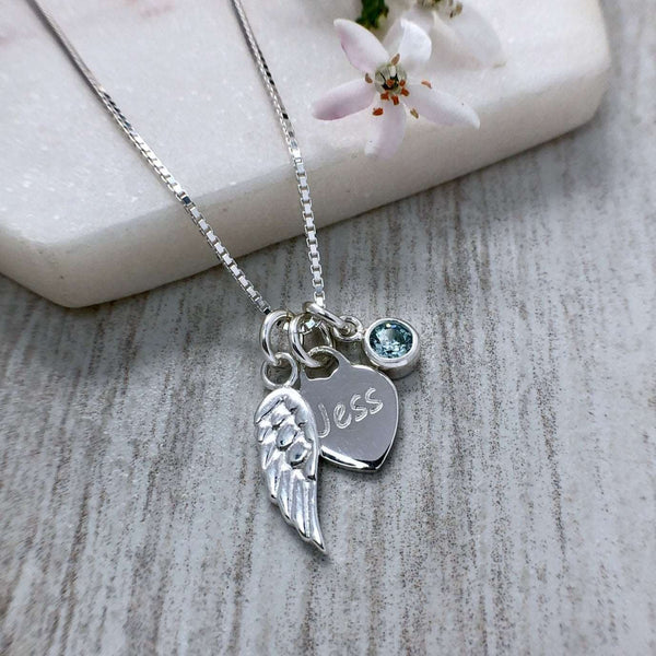 memorial necklace with angel wing, engraved heart and birthstone charm