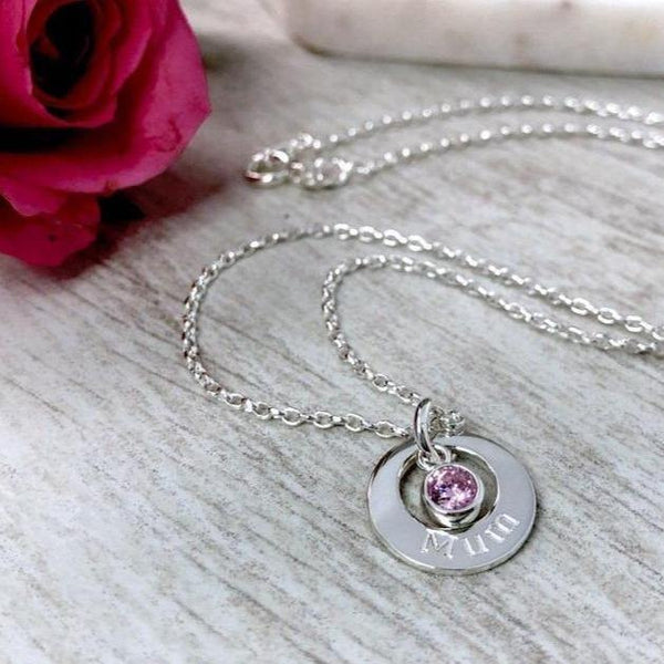 mum necklace, sterling silver washer style necklace with birthstone charm in the centre