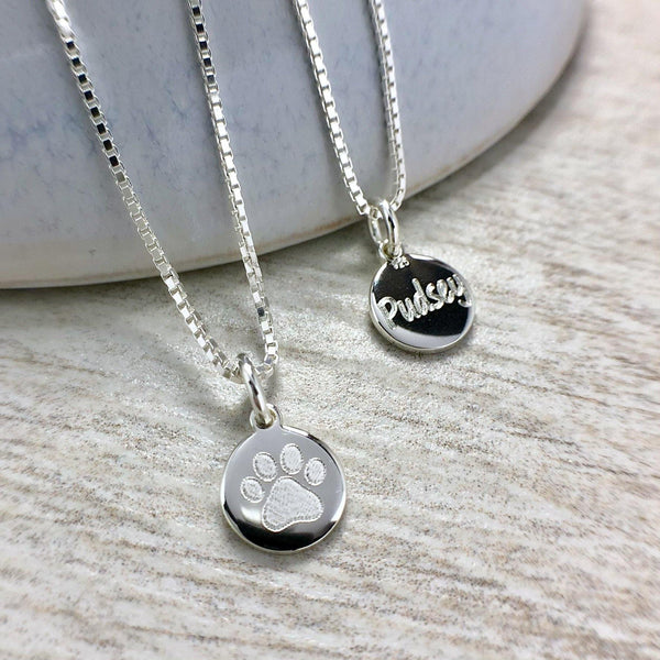 Paw print necklace with name engraved on the back, sterling silver, 8mm - Tracy Anne Jewellery
