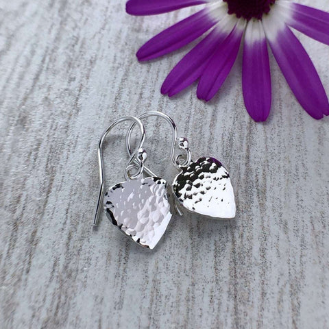 small sterling silver heart earrings with a hammered finish