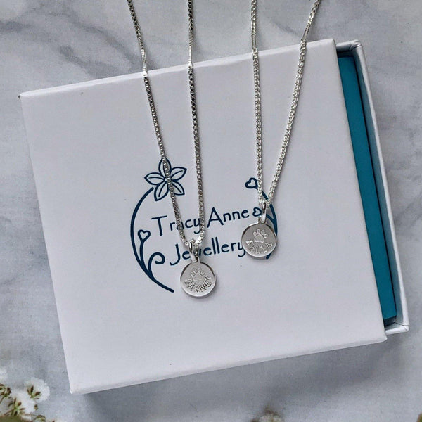 Tiny paw print necklace engraved with pet's name, 8mm - Tracy Anne Jewellery