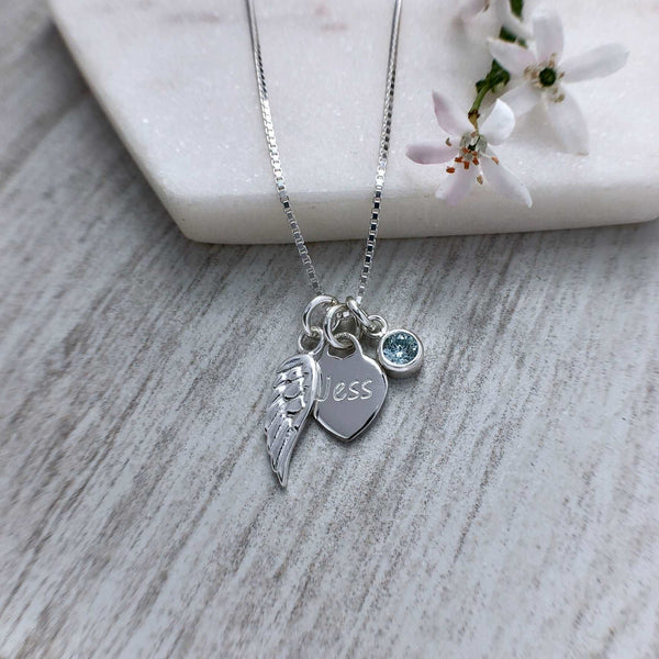 Memorial necklace with angel wing, birthstone and engraved heart charm