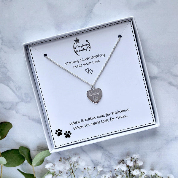 Actual pet paw print necklace, engraved on a sterling silver heart - Tracy Anne Jewellery