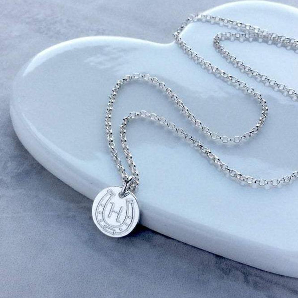 Sterling silver horseshoe necklace, engraved with single initial, 12mm wide - Tracy Anne Jewellery