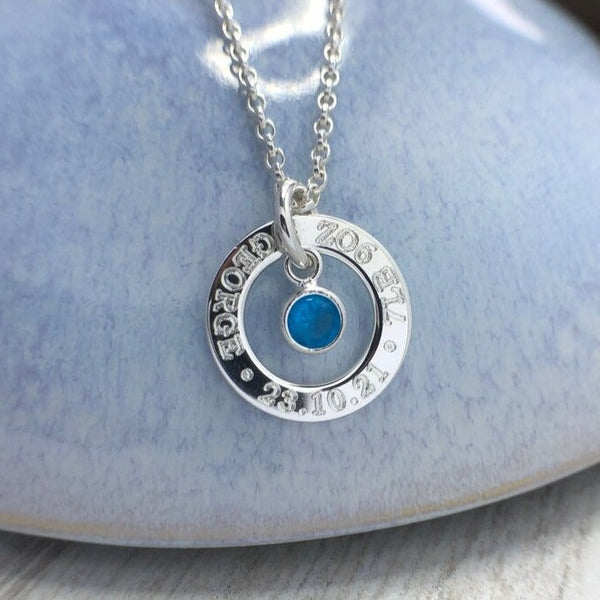 new baby gift, new mum gift, sterling silver necklace with birthstone, engraved with name, birthdate and birth weight