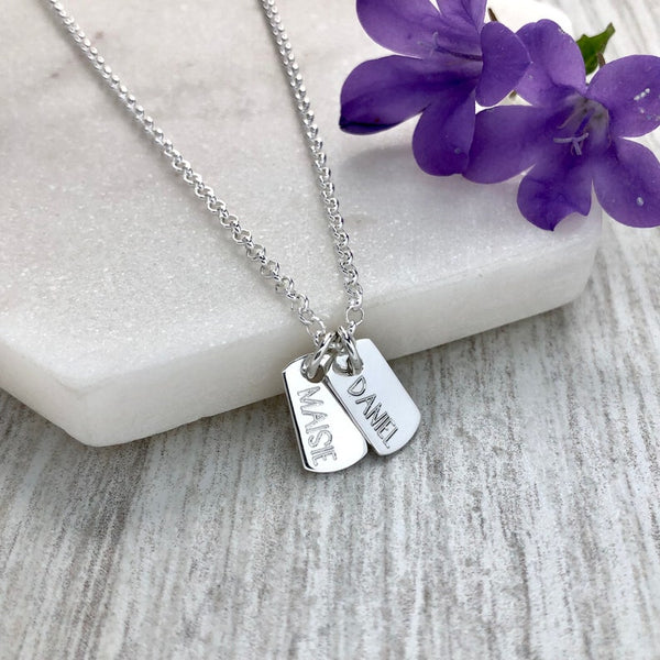 Personalised name necklace, engraved onto tiny sterling silver dog tags