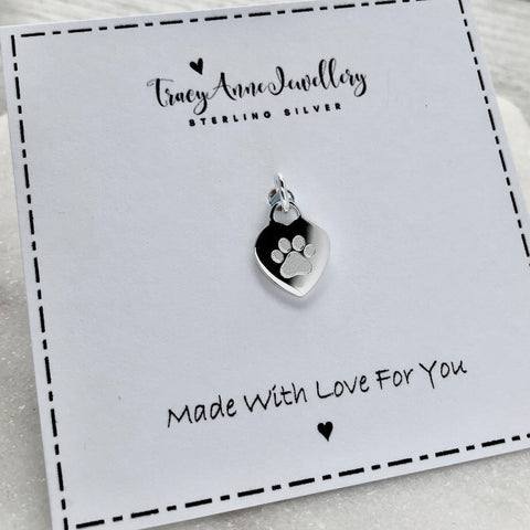 PERSONALISED PAW PRINT CHARM, NAME OF PET ON THE BACK, STERLING SILVER