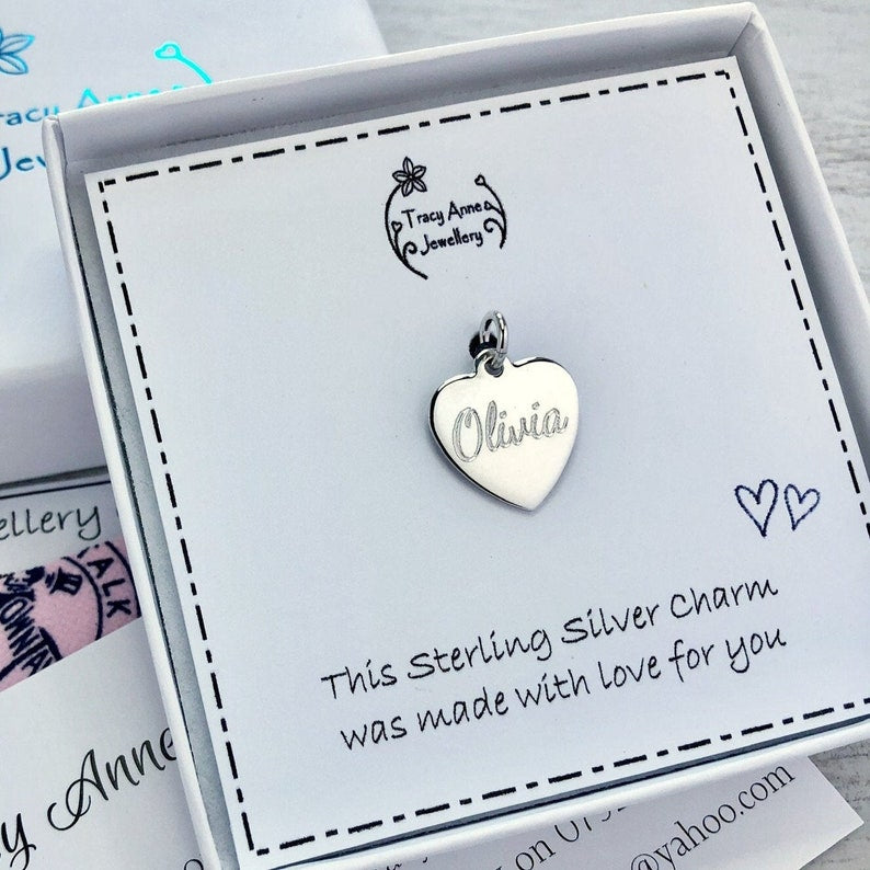 name charm personalised in sterling silver, 14mm wide heart, engraved with any name or word up to 6 letters