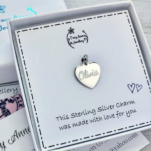 name charm personalised in sterling silver, 14mm wide heart, engraved with any name or word up to 6 letters