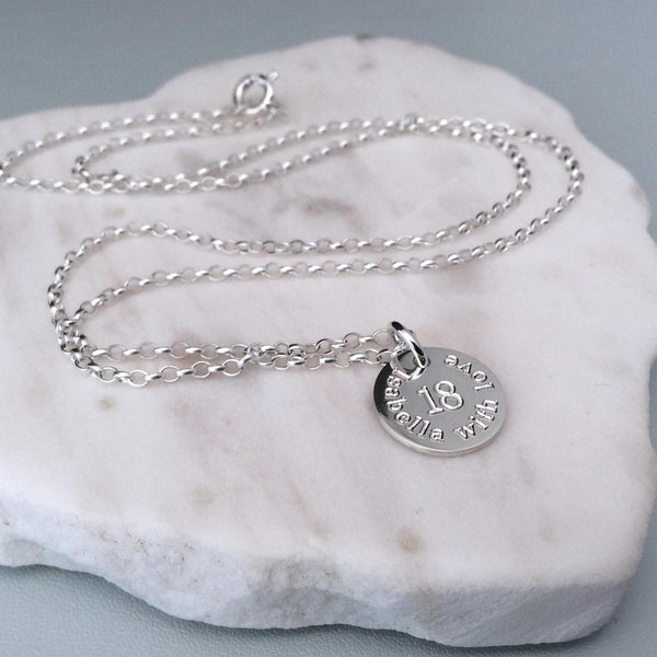 18th birthday necklace for daughter, engraved in sterling silver, personalised on a 12mm wide disc