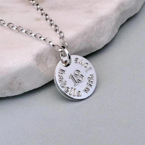 18th birthday necklace for daughter, engraved in sterling silver, personalised on a 12mm wide disc