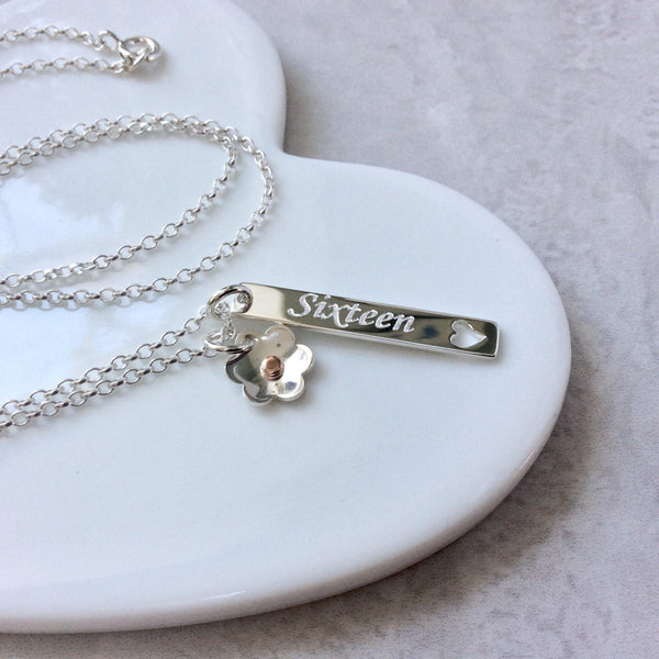 Sweet 16 necklace personalised in sterling silver with pretty flower charm - Tracy Anne Jewellery