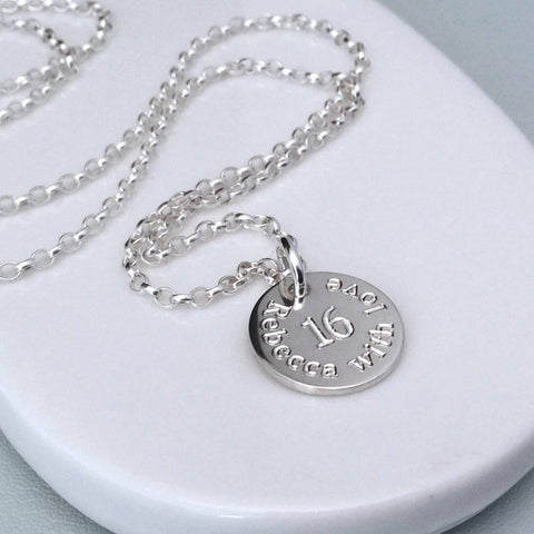 Sweet 16 necklace, a beautifully engraved keepsake gift, 12mm - Tracy Anne Jewellery