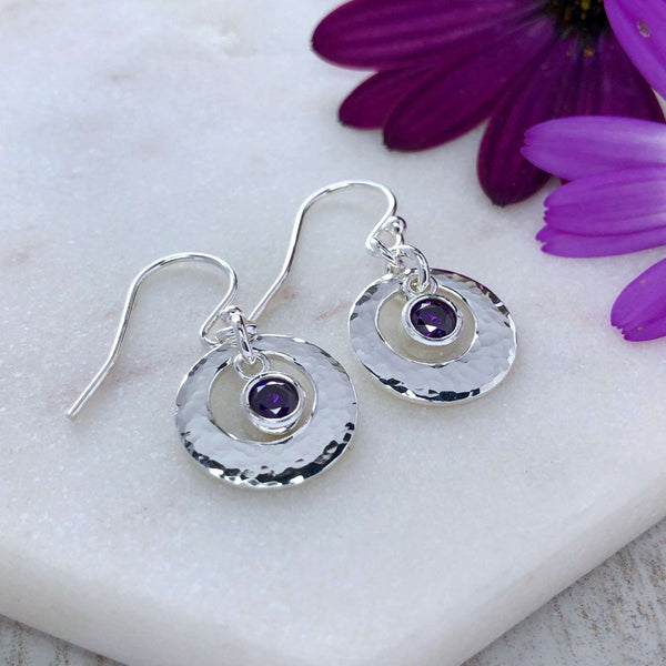 birthstone earrings with hammered sterling silver finish