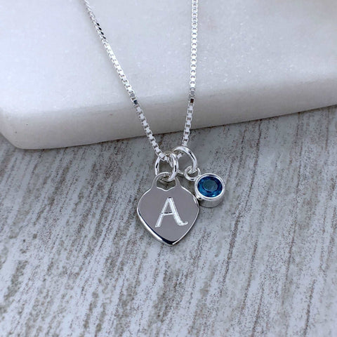 Initial necklace with birthstone charm, engraved on a dainty sterling silver heart