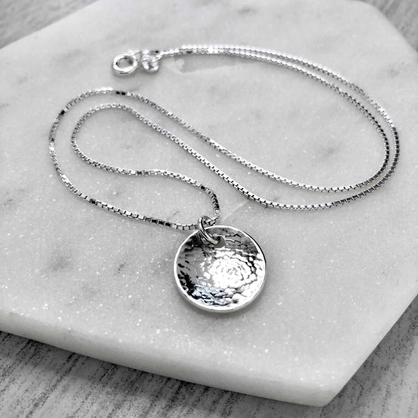 Hammered sterling silver disc necklace, small and dainty