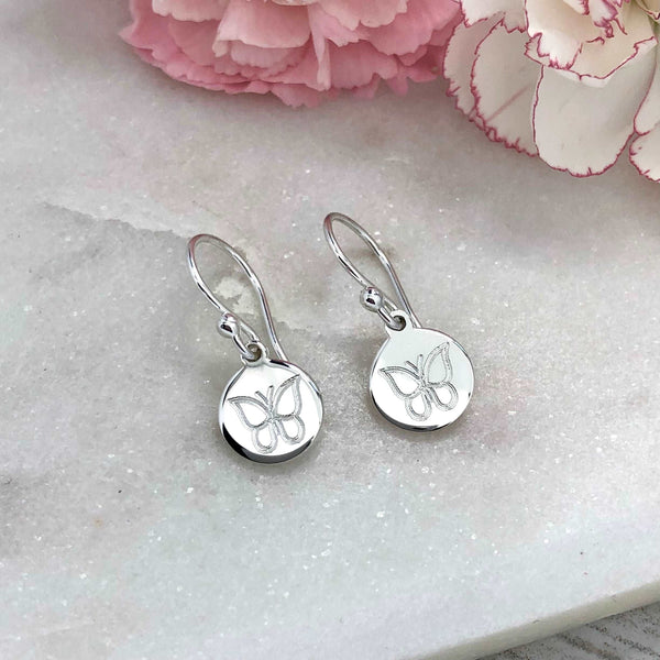 butterfly drop earrings, small and dainty, sterling silver, engraved on 8mm silver discs