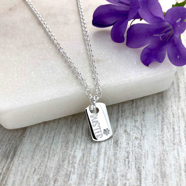 Tiny dog tag necklace, sterling silver, dog name or cat name with tiny paw print engraved above the name. Tag measures 7mm wide and 13mm high.