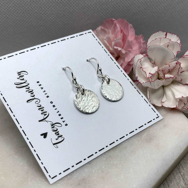 Silver drop earrings - hammered circles