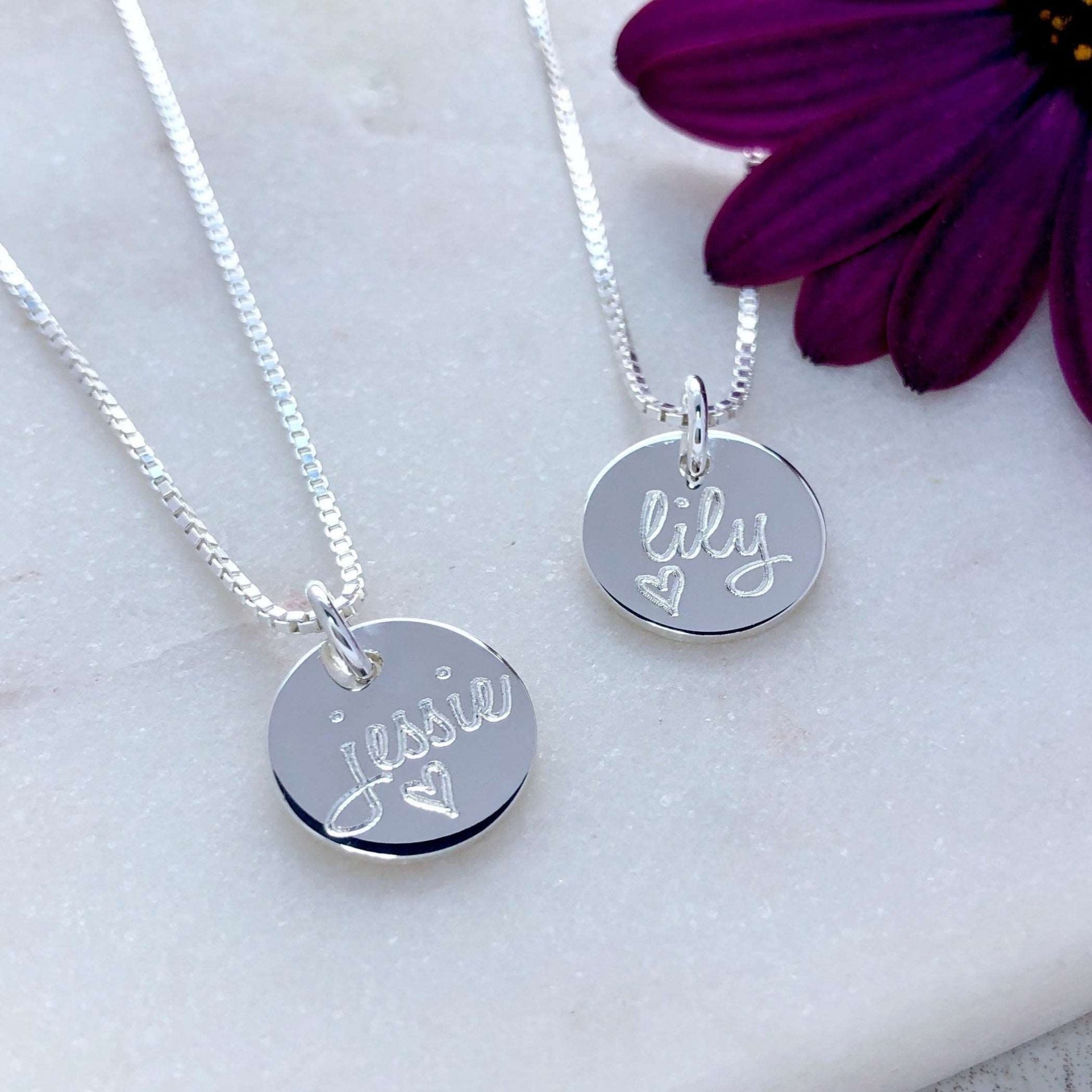 Engraved sterling silver necklace, 12mm wide silver disc