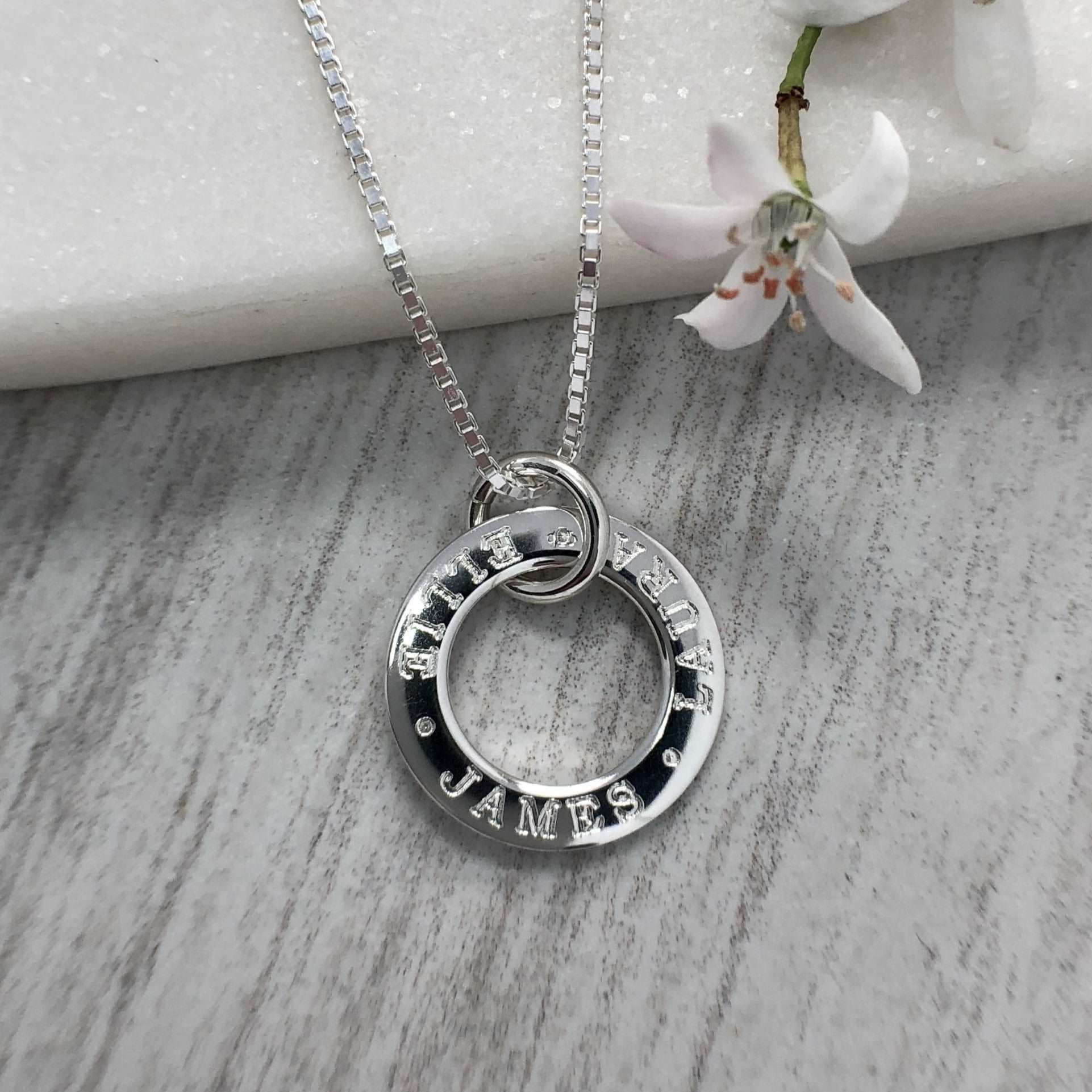 engraved sterling silver necklace, washer style pendant, up to 3 names added