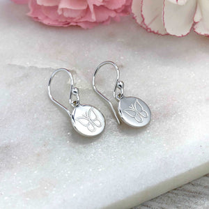 butterfly drop earrings, small and dainty, sterling silver, engraved on 8mm silver discs