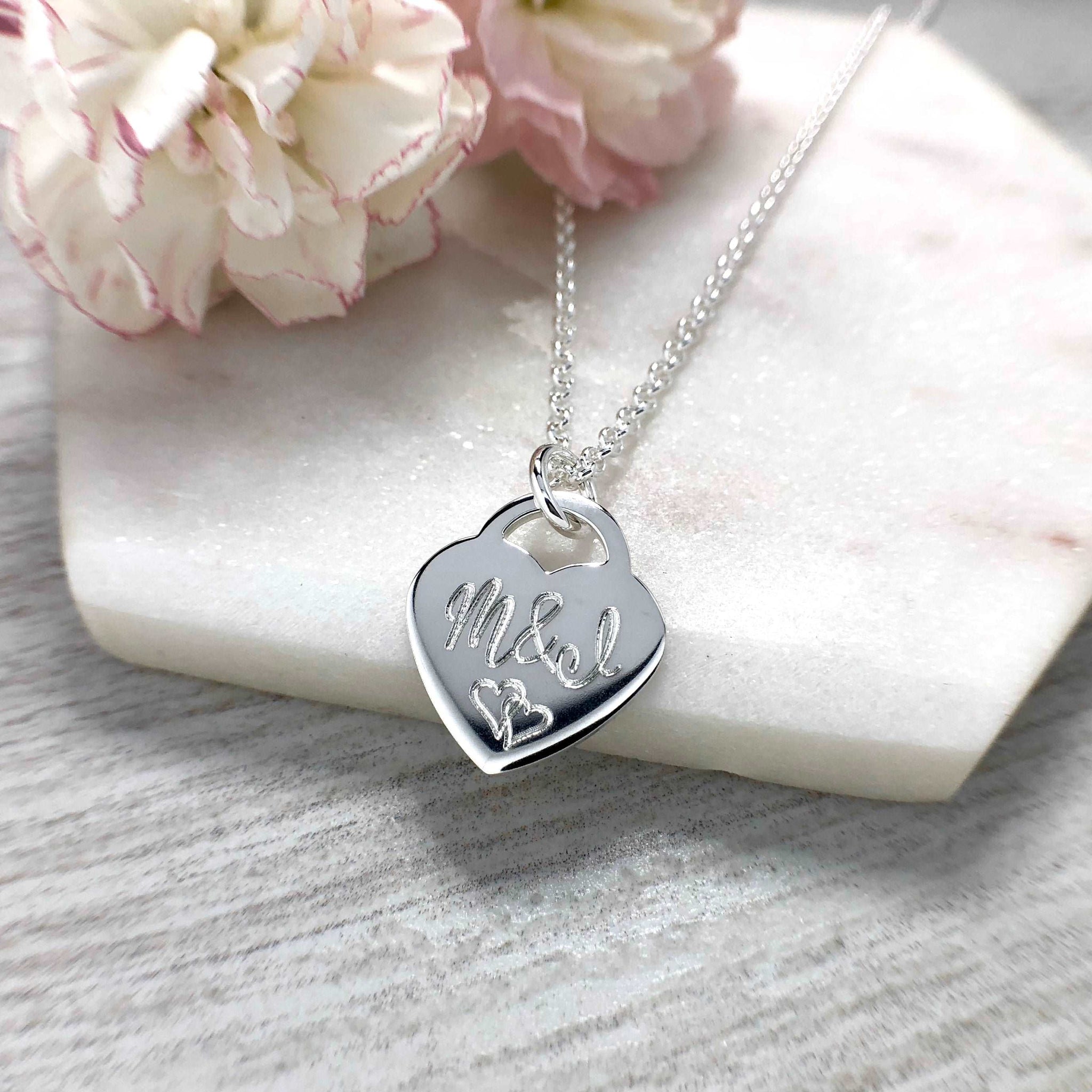 valentines day gift, silver necklace engraved with two initials and two intertwined hearts