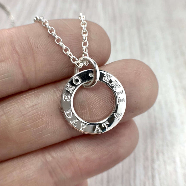one day at a time necklace / jewellery. Engraved washer style pendant to offer hope and motivation for mental health, OCD, recovery, addiction.