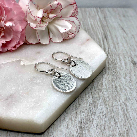 silver earrings, sterling silver drop earrings with hammered finish, 12mm wide discs