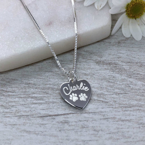 Paw print necklace personalised in sterling silver heart, 1.4cm wide