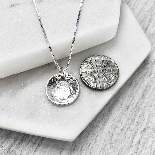 Hammered sterling silver disc necklace, small and dainty