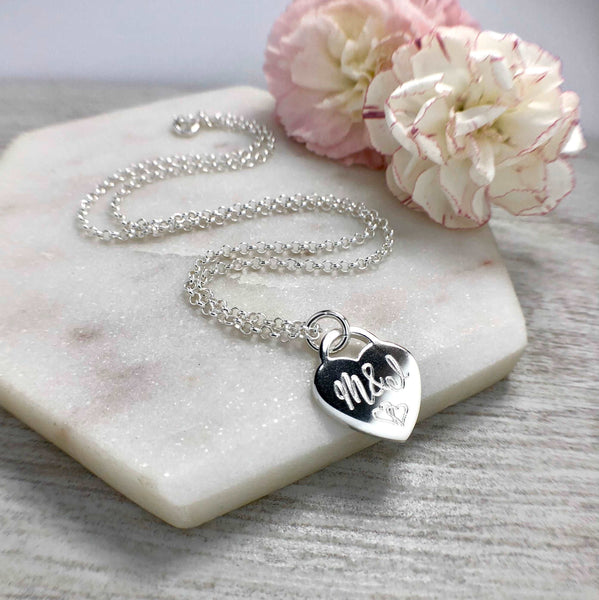 valentines day gift, silver necklace engraved with two initials and two intertwined hearts