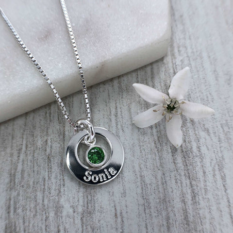 name necklace with birthstone charm, washer style sterling silver pendant