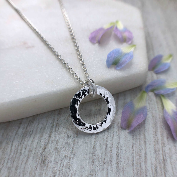 hammered open circle necklace, sterling silver, 15mm wide