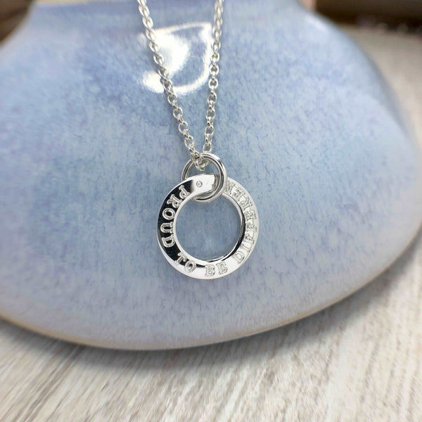 Proud to be different necklace, engraved in sterling silver