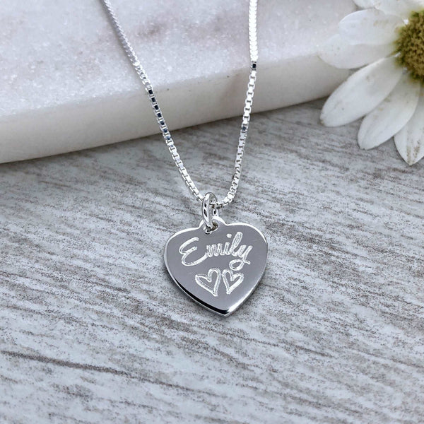 personalised silver necklace, engraved on a sterling silver heart 1.4cm wide