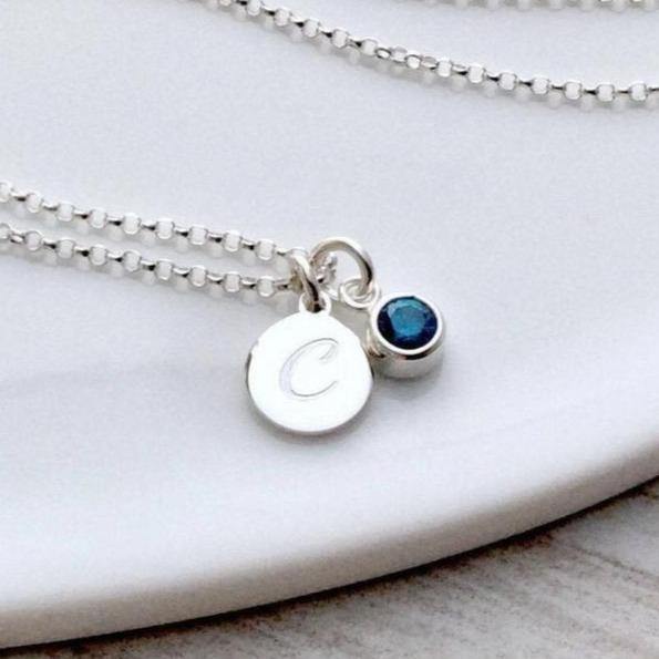 Initial necklace, tiny silver pendant with birthstone charm, 8mm - Tracy Anne Jewellery