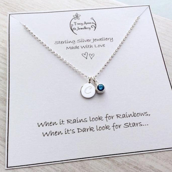 Initial necklace, tiny silver pendant with birthstone charm, 8mm - Tracy Anne Jewellery