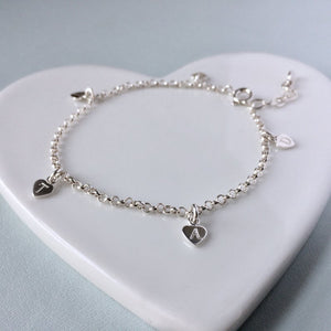 Dainty initials bracelet with TINY sterling silver heart charms