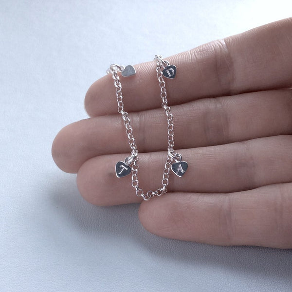 Dainty initials bracelet with TINY sterling silver heart charms