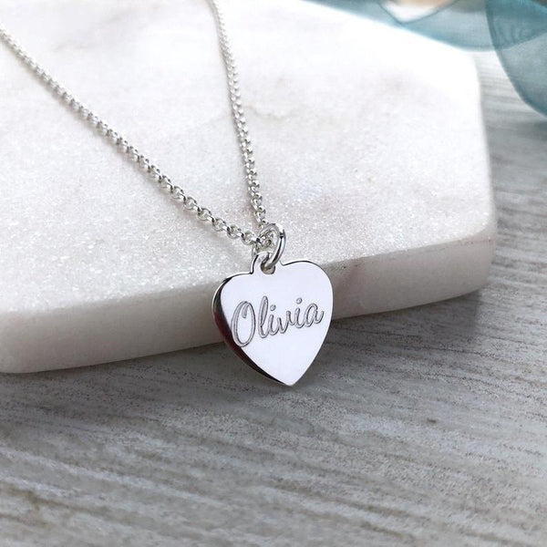 Name necklace on sterling silver heart, can engrave on both sides, 14mm wide - Tracy Anne Jewellery