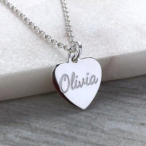 engraved sterling silver heart necklace, 14mm wide, maximum 7 letters, can be engraved both sides