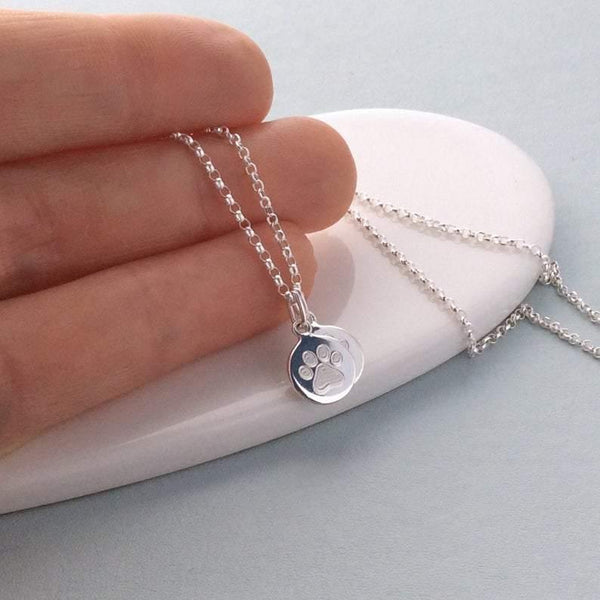 Paw print necklace with name engraved on the back, sterling silver, 8mm - Tracy Anne Jewellery