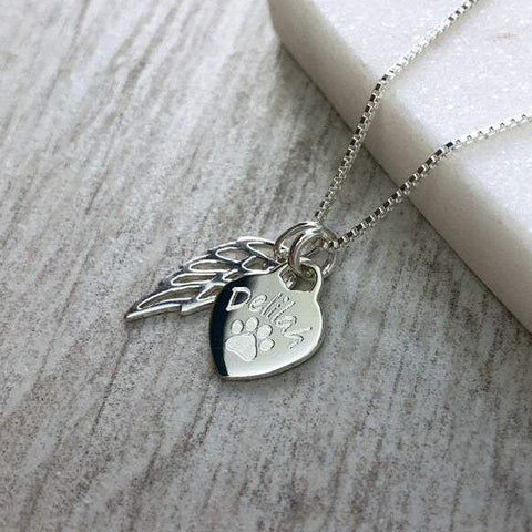 Pet memorial necklace with angel wing charm, personalised with your pet's name - Tracy Anne Jewellery
